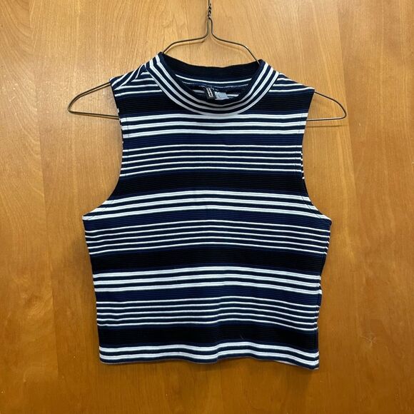 H&M Black, navy and White high neck Striped Crop Top - Picture 1 of 4